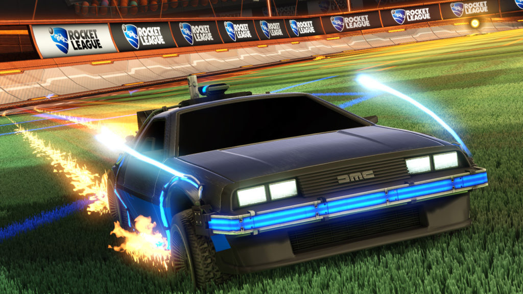 A new car racing in Rocket League from Back to the Future Car Pack DLC