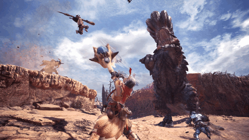 Monster, Hunter, World, Barroth, Hunters, Insect, Glaive, Roar, Stand, Wildspire, Waste, Desert, Sky, Jump, Group