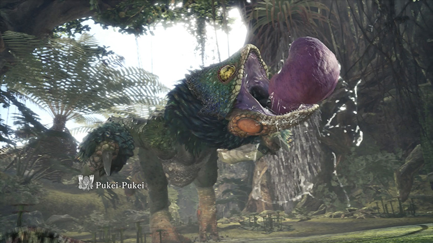 Monster, hunter, world, pukei-pukei, ancient, forest, tongue, feather, trees
