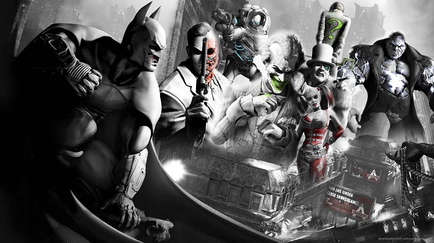 Batman crouches on a rooftop with images of Two-Face, Mr. Freeze, Joker, Penguin, Harley Quinn, Solomon Grundy and the Riddler.