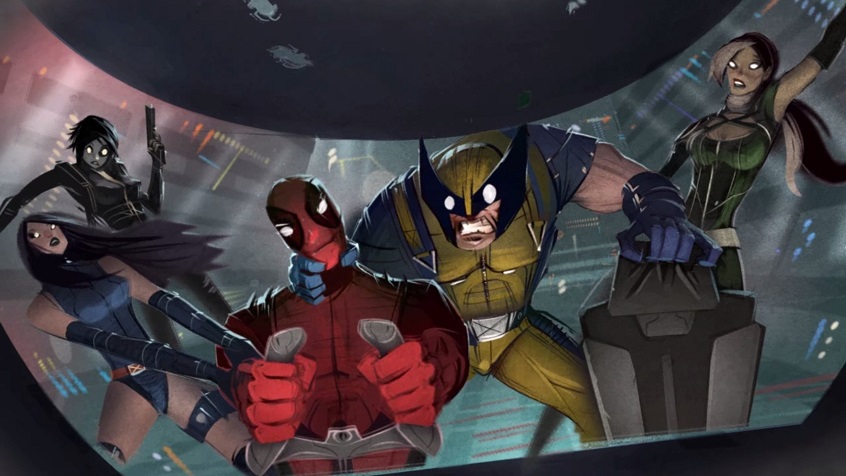 Deadpool is flying the X-jet with passengers Wolverine, Rogue, Domino and Psylocke.
