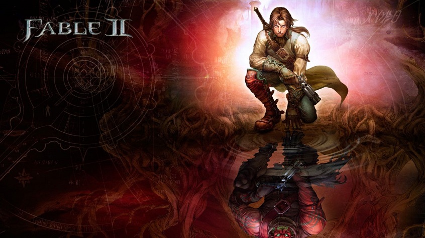 Fable 2 box art that depicts the hero reflecting on a pool of water with an evil morality of him.