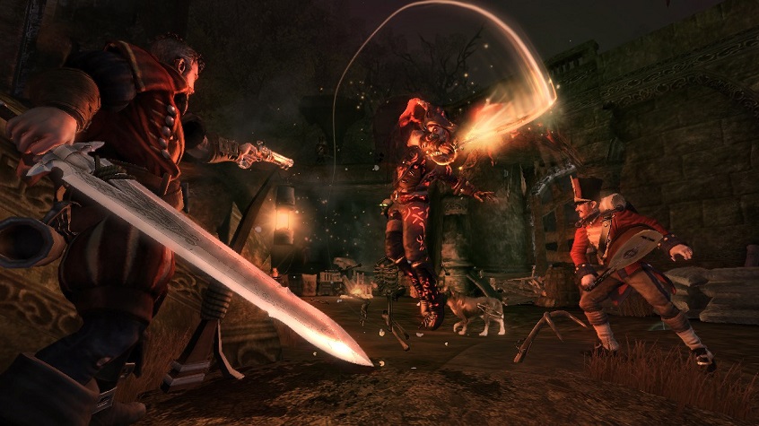 The hero in Fable 3 is seen taking down military officers with a sword upswing.