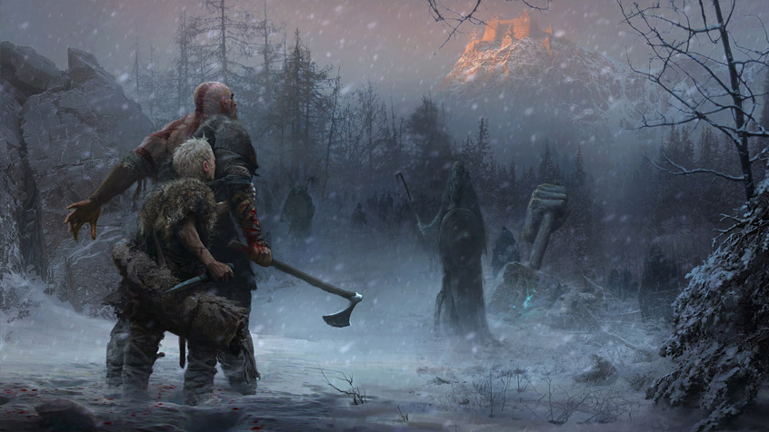 Kratos and his Son looking over at the beautiful scenery of the new setting in God of War 