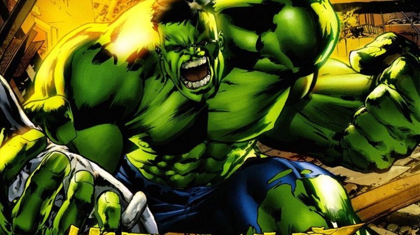 The Incredible Hulk is clenching an iron pipe and showing his true rage.