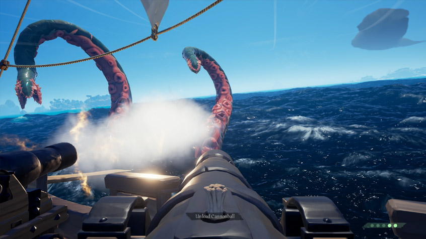 Shooting the Kraken tentacles with a cannon in Sea of Thieves