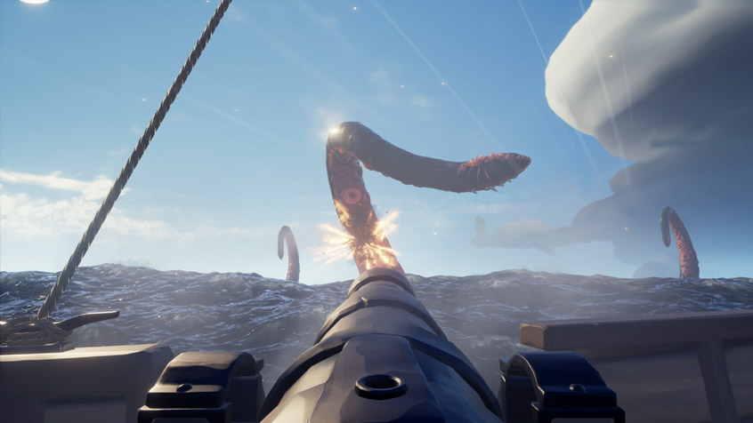 Kraken's tentacle being hit by a cannonball in Sea of Thieves