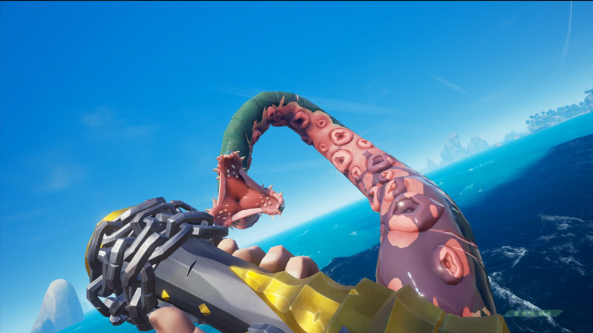 Kraken sucking in the player/pirate in its mouth in Sea of Thieves