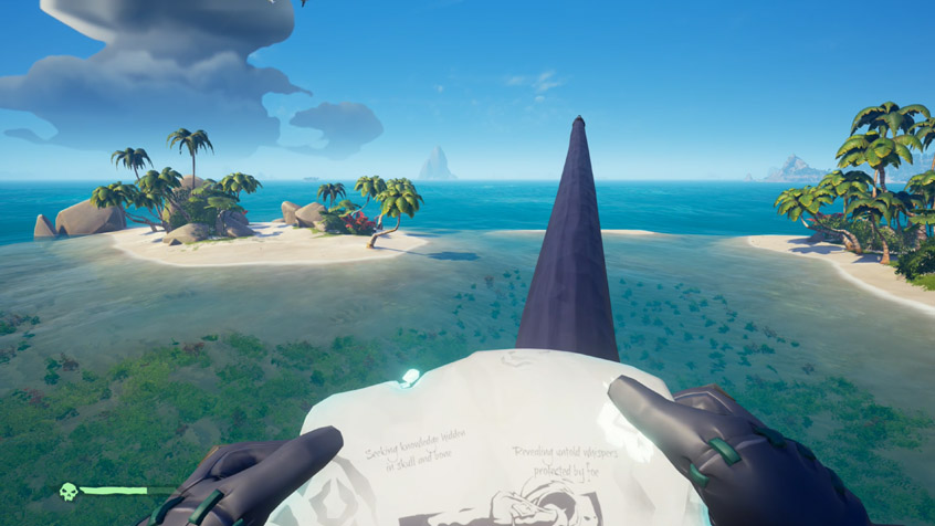 Looking over the two small islands in Sea of Thieves while standing on the tip of the galleon's nose