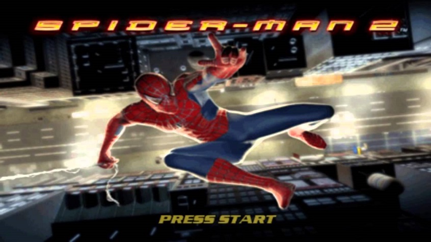 The Spiderman 2 videogame title screen with spider web swinging overhead a street in Manhattan.