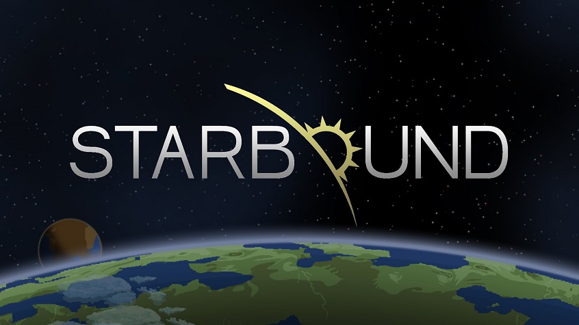 Starbound cover title floating above the Earth all while surrounded in space.