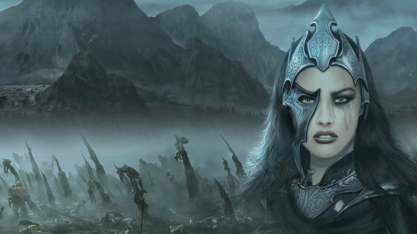 Lost queen overlooks a ruined battlefield with mountains in the horizon