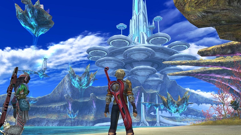 Shulk and Fiora gaze upon a new destination while standing on a beach.
