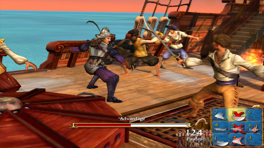 A privateer captain is fending off intruders on his ship in the middle of the ocean.