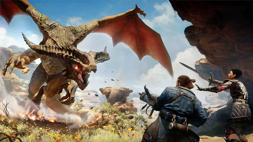 Humans fighting a Dragon in Dragon Age Inquisition