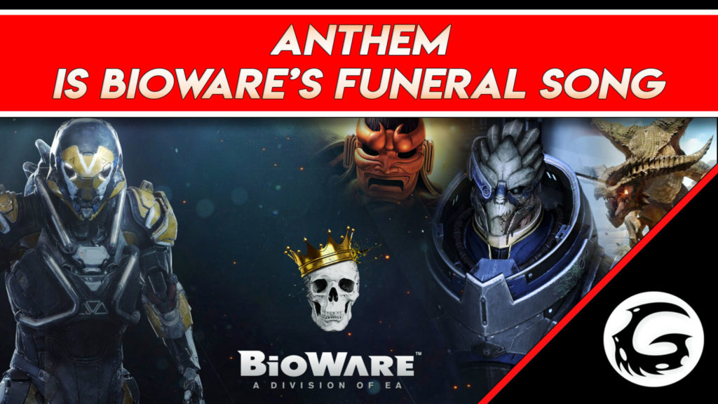 Characters from BioWare Games and the BioWare Logo with the Anthem Exo-suit on the left