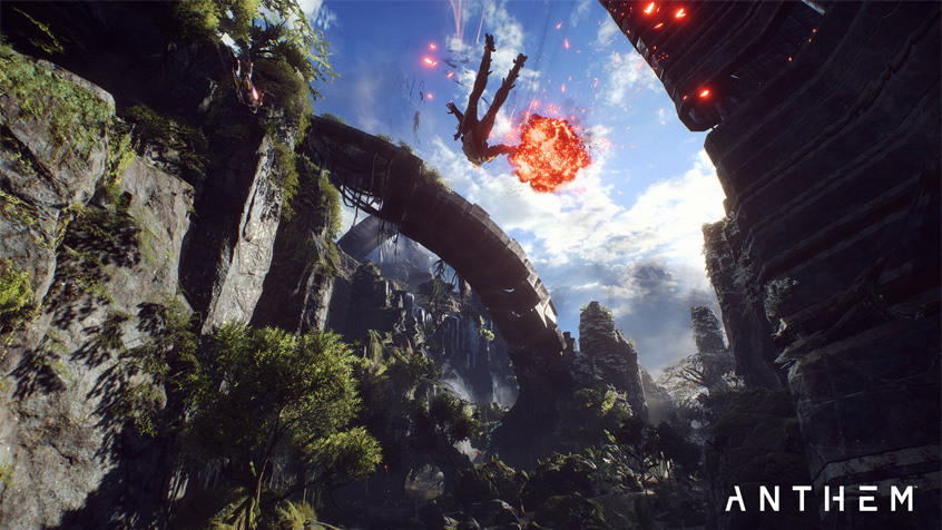 a Javelin flies across the sky over some ruins in Anthem