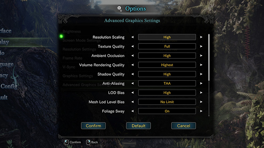monster, hunter, world, settings, advanced, graphics, options, resolution, texture, shadow, foliage, sway, quality