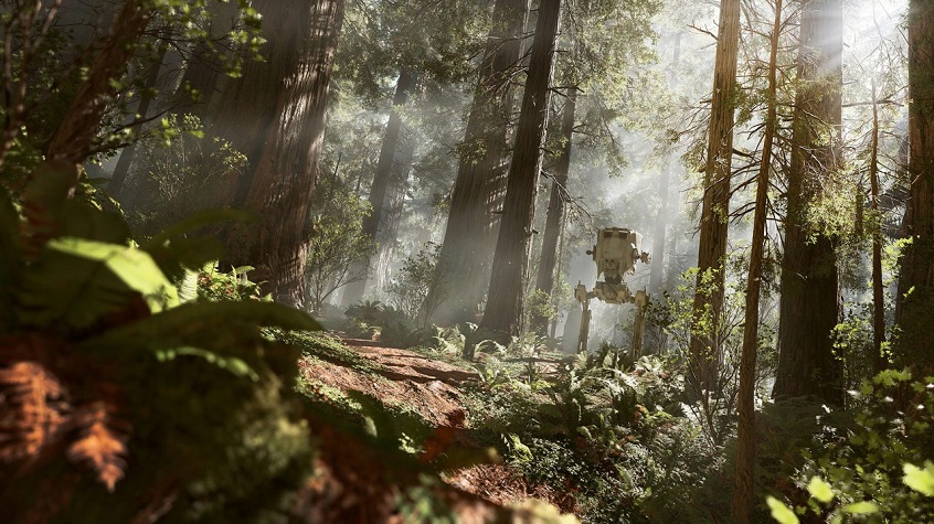 Star Wars Battlefront 2: forest scenery with a walker in the background