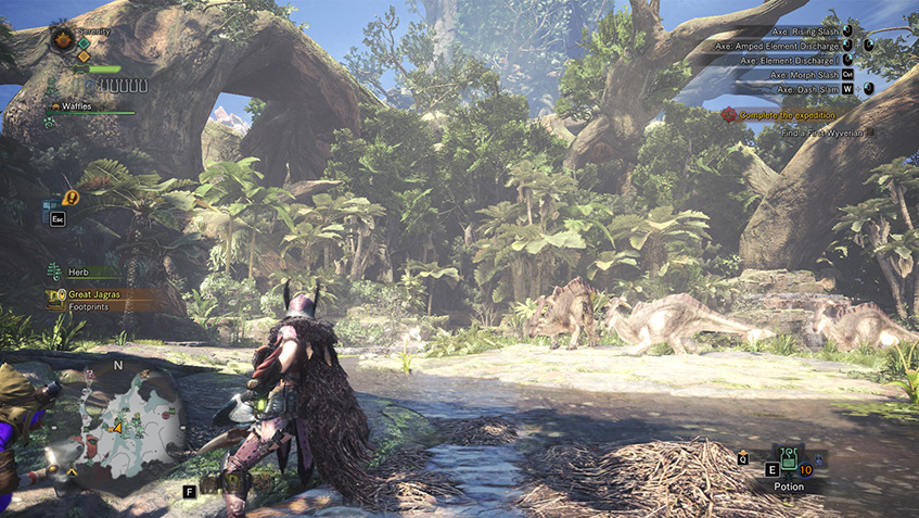 monster, hunter, world, anjanath, ancient, forest, trees, tree, water, stream, charge, blade, palico, green, blue
