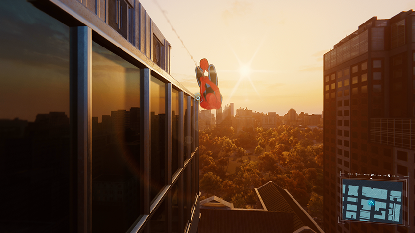 Spider-Man, Spider, Man, Web, Swing, Sunset, Central Park, Park, Building, Window, Glare, Sun, Red, Blue, 