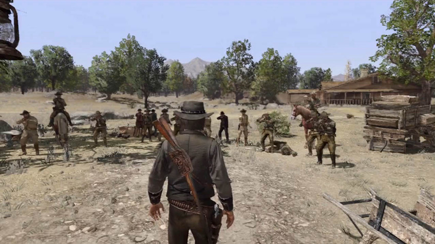 Red, Dead, Redemption, John, Rifle, Gang, Ranch, Horse, Black, Tan, Tree, Standoff