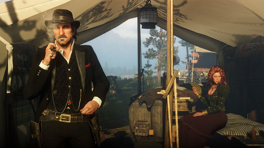 Red Dead, Redemption, Outlaw, camp, tree, lamp, black, cigar