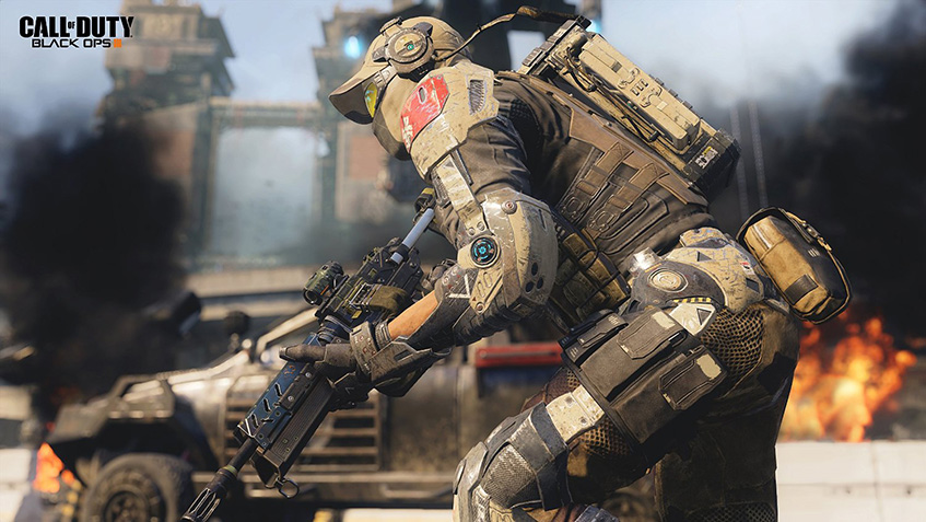 Call of Duty, Black ops 3, gun, running, soldier, truck, fire, smoke, building