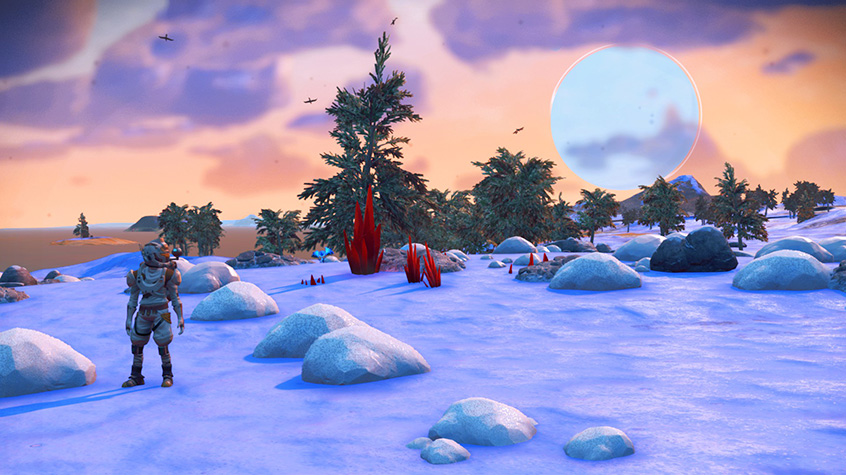 Player poses on a frozen planet with red crystals from No Man's Sky