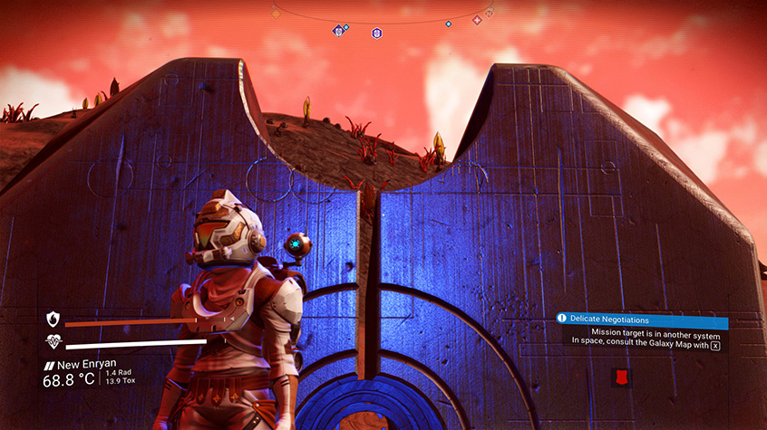 Player stands in front of an Ancient Monolith from No Man's Sky
