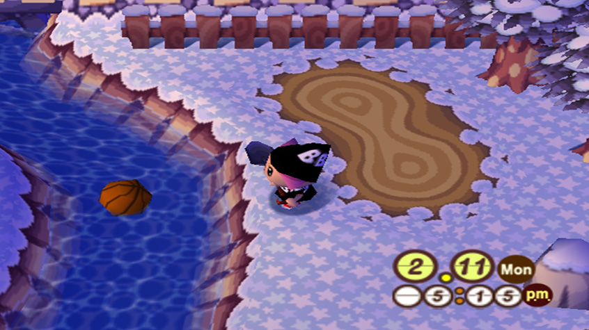 Player from Animal Crossing looks at the river she lost her basketball