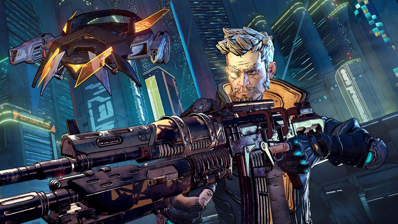 Character from the game Borderlands 3 shooting enemies