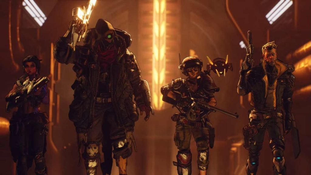 4 characters from Borderlands 3 getting ready to fight