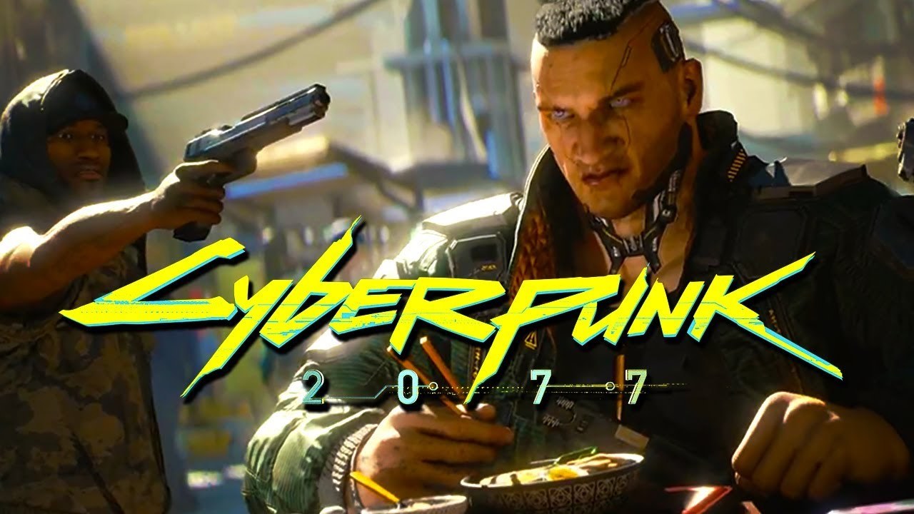 A character surrounded in Cyberpunk 2077