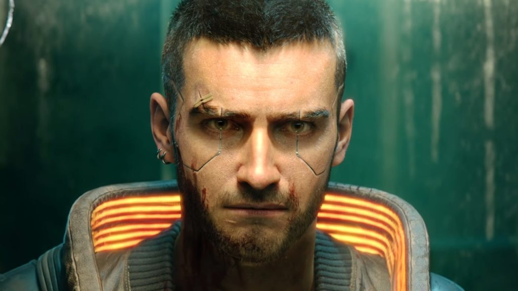 V from Cyberpunk 2077 in front of a mirror