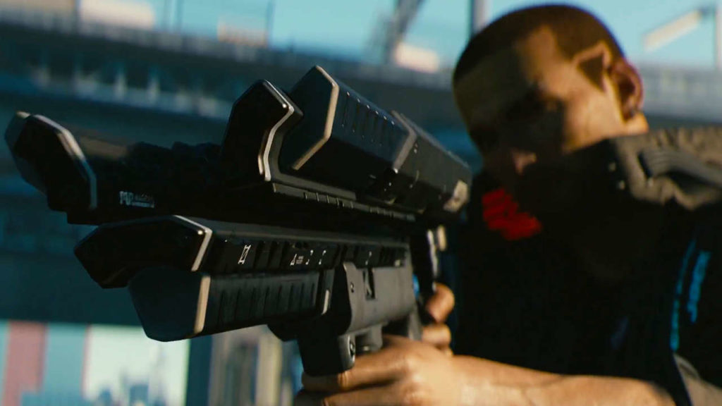 V from Cyberpunk 2077 testing his gun