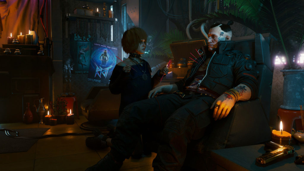 Jakob from Cyberpunk 2077 sitting on a chair