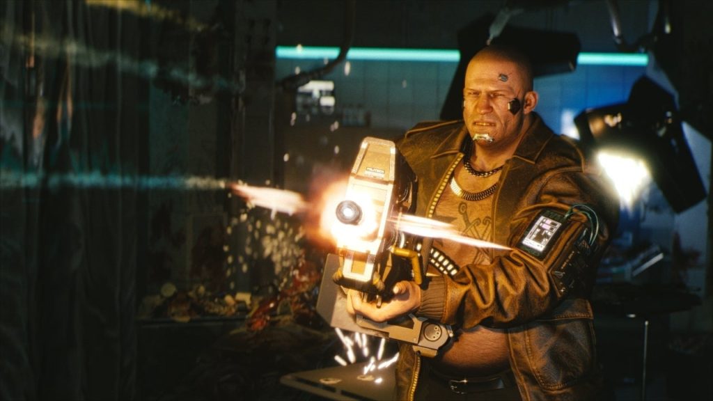 An enemy from Cyberpunk 2077 shooting at his opponent