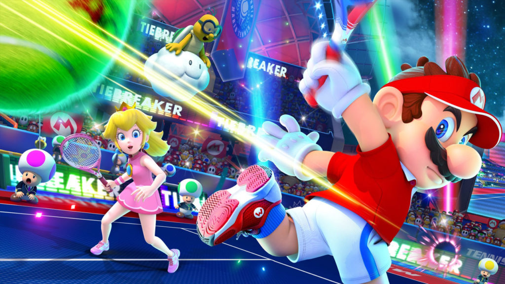 Mario and other characters playing tennis in Mario Tennis Aces