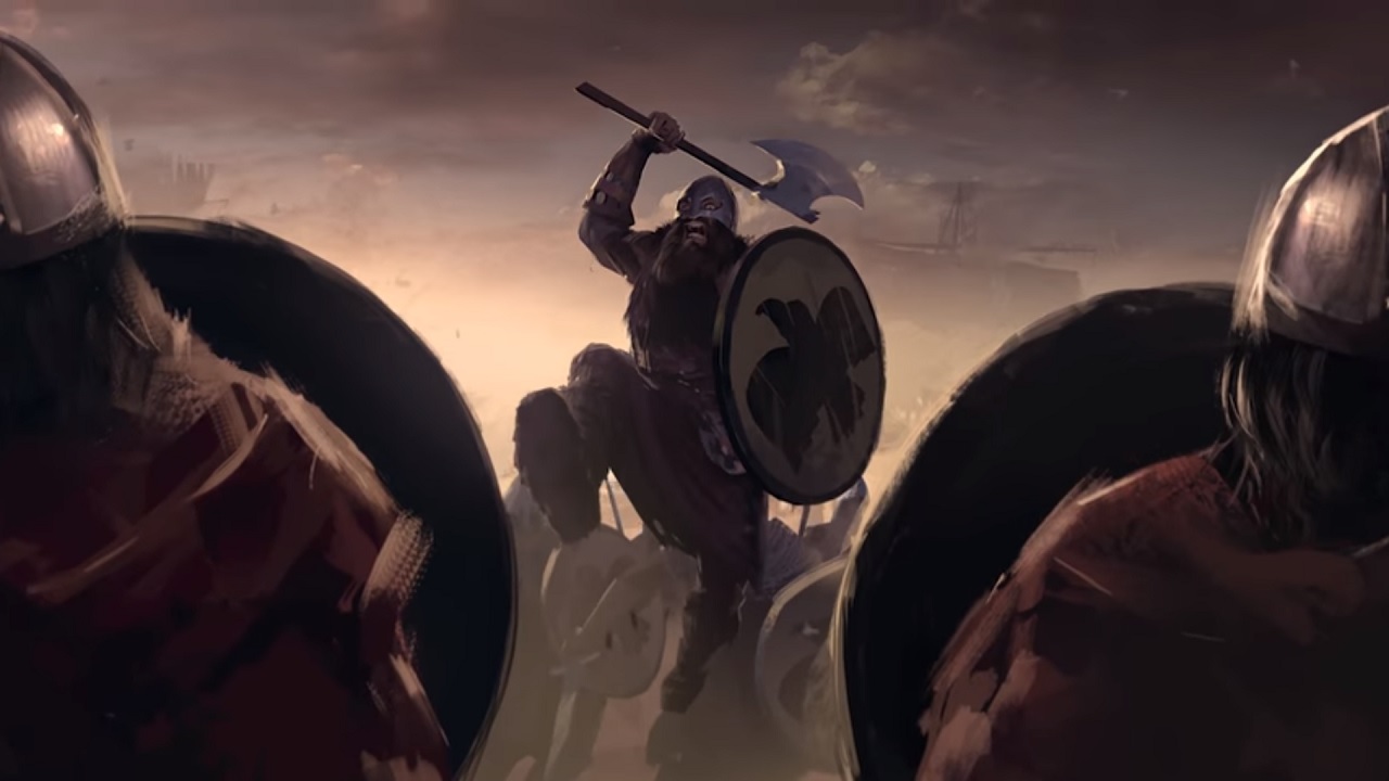 A soldier from Total War Saga raising his axe