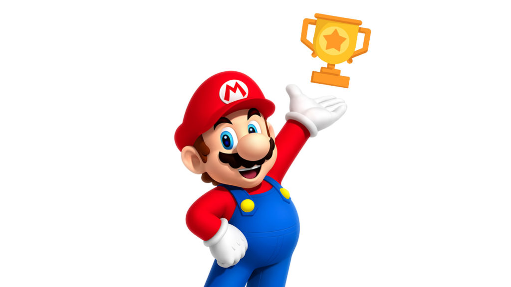 Mario holding a trophy