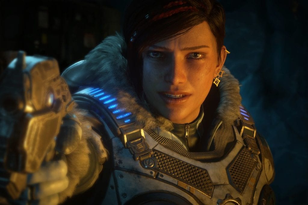 Kait from Gears 5 pointer her pistol at a friend.
