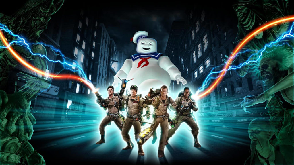 Ghostbusters standing in front of the stay puff marshmellow man