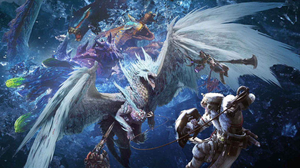 Character fighting monster from Capcom's Monster Hunter World: Iceborne release